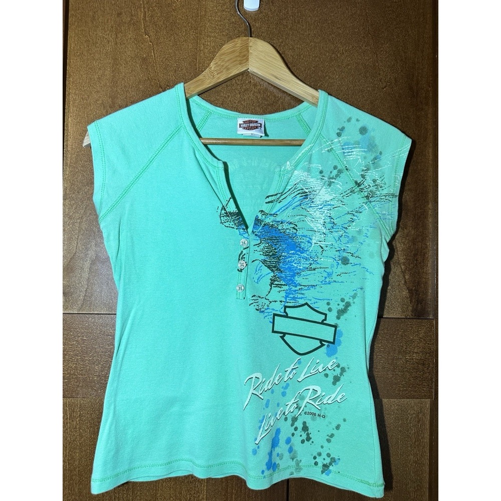 Harley Davidson Womens Small Green Ride To Liveโ Henley Shirt 2006 Jones H-D AR